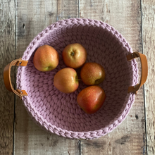 Load image into Gallery viewer, Handmade crochet basket - fruit basket or bread basket - here filled with Kissabel apples.  By Kate Keller Handmade